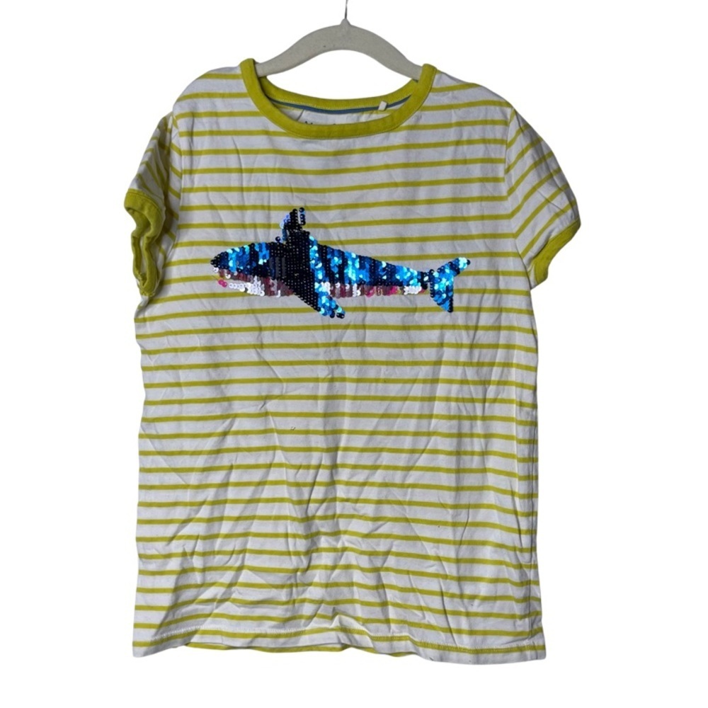 Mini Boden yellow stripe tee with sequins shark print sz 11-12yo